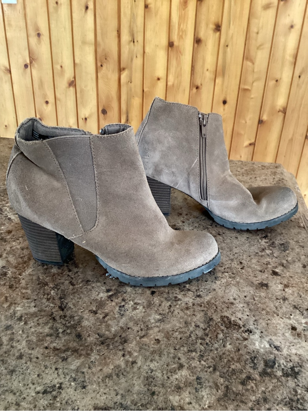 Clarks Taupe Suede Ankle Booties with Block Heel